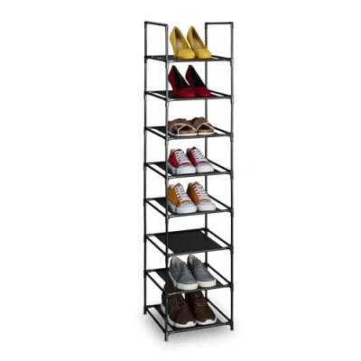 Image of Shoe Rack, 8 Tiers, Narrow Metal Frame, Fabric Levels, Plug Together, Organise, Hallway Storage, Black/Grey Relaxdays