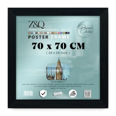 Image of Z&amp;Q Wall Mounted Poster Picture Frame Black 70 x cm Display Painting Photo Print With HD Clear Perspex Both Ways Hanging Hooks MDF Wood 30x15mm Moulding