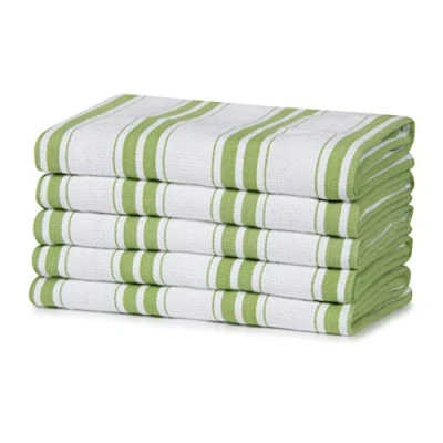 Image of 100% Cotton Tea Towel Green Basketweave Stripe Pattern, Pack of 5 Kitchen Set Absorbent, Strong, Quick Dry &amp; Machine Washable for Home Decor Bathroom Accessories