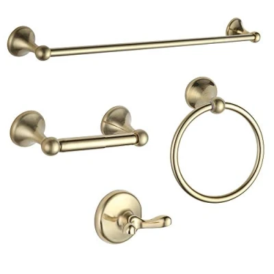 Image of BGL Bathroom Hardware Set, Brushed Shiny Gold Adjustable Expandable Towel Bar 4 Piece Ring Robe Hook Toilet Paper Holder Accessory Set Wall Mounted