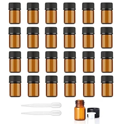 Image of Alledomain 24Pcs, 2Ml Amber Glass Essential Oils Bottles, Empty Mini Bottles with Orifice Reducers Black Caps Refillable Sample Container for Lab Chemicals Perfume Cosmetic Liquid