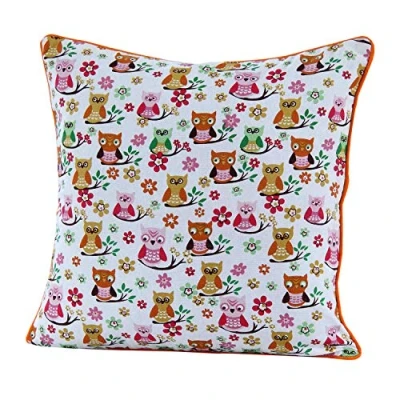 Image of HOMESCAPES 100% Cotton Owl Cushion Cover 30 x cm Square 12 Inches Orange Red White Sofa Pillow Washable