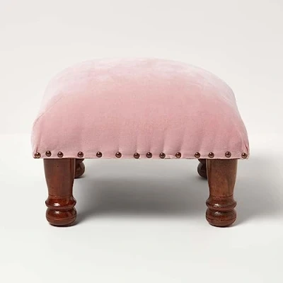Image of HOMESCAPES Blush Pink Velvet Footstool 40 x cm Square Pouffe on Solid Wood Legs 25 Tall Ottoman Style Upholstered Footrest