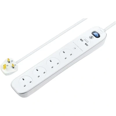 Image of Masterplug Four Socket Switched Inline Power Surge Protected Extension Lead with Two USB Charging Ports, 1 Metre, Gloss White