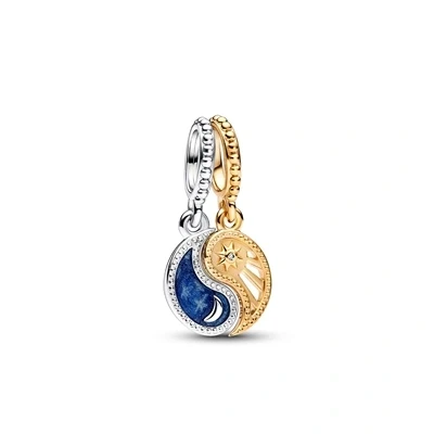 Image of Pandora Moments Yin and Yang sterling silver 14k gold plated splittable dangle with clear cubic zirconia glittering shaded blue enamel