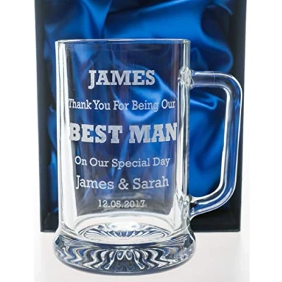 Image of Engraved/Personalised Pub Pint Glass BEST MAN Tankard in Silk Gift Box