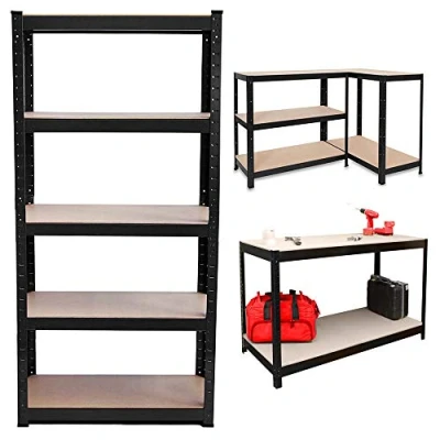Image of Shelving Unit for Garage Shed Storage, 5 Tier Shelf Unit, Boltless Racking, Free Standing Work Bench, Heavy Duty Metal and MDF Shelves, 875kg Capacity, H 180 x W 90 D 40 Cm Black