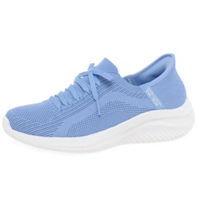 Image of Skechers Women&#039;s Ultra Flex 3.0 Brilliant Path, Periwinkle Knit/Pink Trim, 5.5 UK