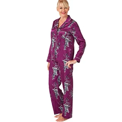 Image of Marlon Womens Bea Piped Printed Satin Revere Collar Pyjama, Fuchsia, 18 20