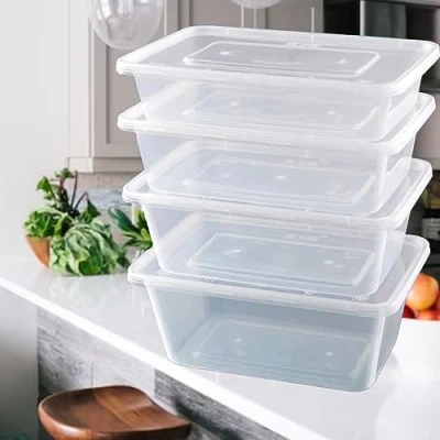 Image of NIAM Plastic Food Storage Container Airtight Reusable Clear with Lids Microwave, Freezer &amp; Dishwasher Safe (1000, Rectangular, 5, Containers)