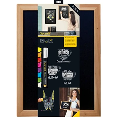 Image of Securit Woody Wood Chalkboard Set with Markers, 30 x 40cm Hanging Blackboard, Memo Board, Wipeable Blackboard Chalk Pen for Office, Kitchen or Weddings