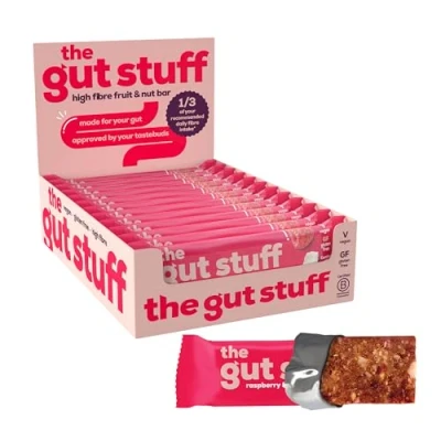 Image of The Gut Stuff High Fibre Fruit &amp; Nut Bars Friendly Snack, Gluten Free, Vegan, Low Calorie, All Natural Raspberry Coconut, 12 x 35g Box