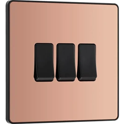 Image of BG Electrical Triple Wall Light Switch, 2 Way, Screwless Front Plate, Round Edges, Evolve, Polished Copper, 20A, 16AX, PCDCP43B