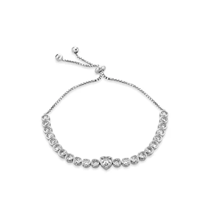 Image of Tuscany Silver Women&#039;s Sterling Rhodium Plated Cubic Zirconia Heart Adjustable Box Chain Slider Bracelet, 20 cm/8 Inch
