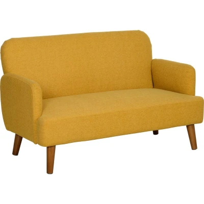 Image of HOMCOM 2 Seater Sofa, Small Sofa Couch with 21cm Thick Padding and Wood Legs, Modern Velvet Feel Fabric Loveseat for Living Room, Bedroom, Home Office, Yellow