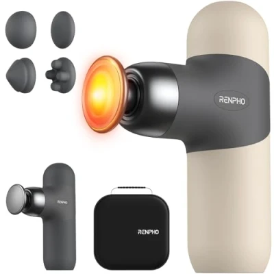 Image of RENPHO Mini Massage Gun with Heat, Portable Fashion Deep Tissue Percussion Massager, Color Silicone Sleeves Carry Case, 4 Intensities, Heads, for Home Office Workout Muscle Relax