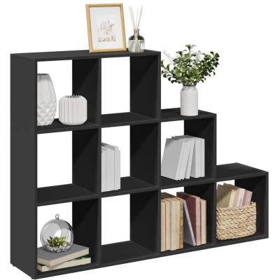 Image of vidaXL Room Divider Bookcase 9 Cube Storage 3 Tier Black Engineered Wood Bookshelf for Living Room/Bedroom/Study