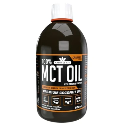 Image of Natures Aid MCT Oil 500ml Caramel Add to Coffee Shakes Smoothies or Dressings 100 Percent Premium Coconut Pure Sustainably Sourced Vegan Vegetarian GMP Standards Rapid Absorbed for Energy