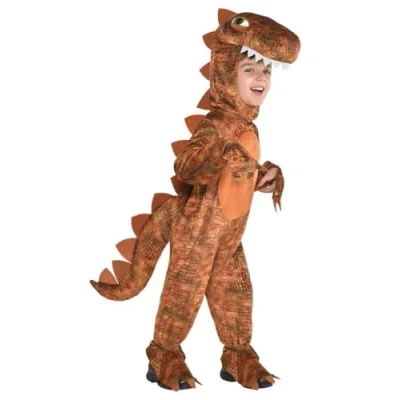 Image of Amscan 9908461 Kids Brown T rex Dinosaur Hooded Jumpsuit Fancy Dress Costume Age: 6 8 Yrs