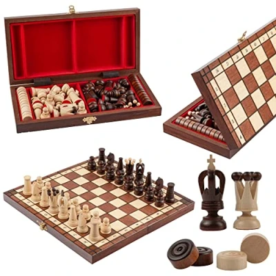 Image of Chess and Checkers Set Master of Wooden Board 31cm Handmade Portable Draughts For Adults Kids