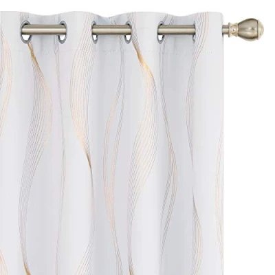 Image of Deconovo Blackout Eyelet Curtains Thermal Insulated Gold Wave Line Foil Printed for Bedroom 46x72 Inch Silver Grey 2 Panels