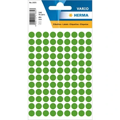 Image of HERMA Dot Stickers Green, 540 Labels, Ø 8 mm, 108 Labels per Sheet, Self Adhesive Round Colour Stickers, Blank Marking Dots, Sticky Circle for Color Coding Calendar