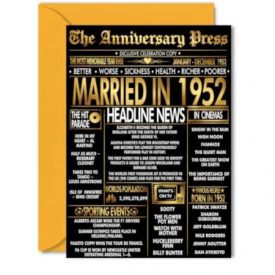 Image of Gold 73rd Anniversary Card for Women Men Golden Newspaper Married in 1952 Happy 73 Year Wedding Partner Wife Companion Husband, 5x7 Inch Anniversaries Greeting Cards