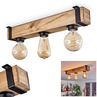 Image of Ceiling lamp Montgomery, Modern Made of Metal/Wood in Black/Nature, Light Industrial Style, Retro/Vintage 3 Flame with Wooden Beam, x E27 Socket. Without Bulbs