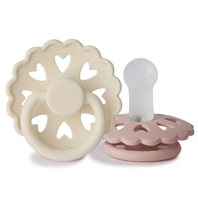 Image of FRIGG Fairytale Silicone Pacifier Pack of 2 Soother Dummy BPA Free Made in Denmark Symmetrical Cherry Shaped Nipple (Cream/Blush (6 18 Months))