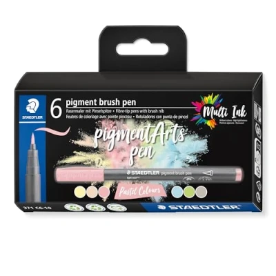 Image of STAEDTLER 371 C6 10 Pigment Arts Brush Pen Assorted Pastel Colours (Pack of 6)