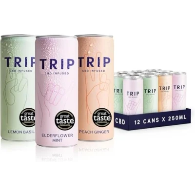 Image of TRIP CBD Drink, Sparkling Mixed Pack Fizzy Low Calorie, Vegan, Stress &amp; Anxiety Relief (Pack of 12 x 250ml)