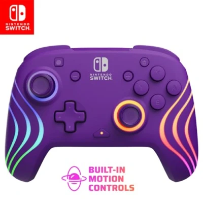 Image of PDP Afterglow Wave Wireless Pro Controller with Full Motion for Nintendo Switch, Switch OLED Model, 8 RGB LED Lighting Zones, 30 Foot Range, 20 Hour Rechargeable Battery Purple