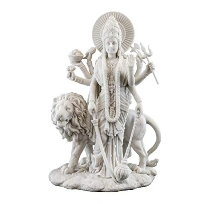Image of Top Collection Durga Female Hindu Statue with Lion Divine Mother of The Universe Goddess Sculpture Collectible East Asian New Age Figurine (White Marble)