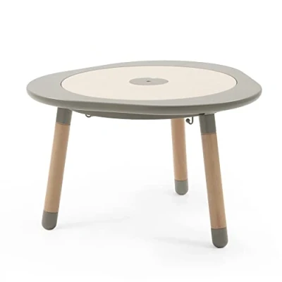 Image of Stokke MuTable, Dove Gray Multifunctional Children’s Play Table Height Adjustable Legs Includes Four Double Sided Activity Boards, One Puzzle &amp; Natural Wood Cover