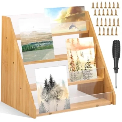 Image of LuLobtg 2pack Card Display Stand Greeting Multifunctional Bamboo 4 Tier Brochure Holde Shelf Magazine Organizer Rack for Postcard Photos