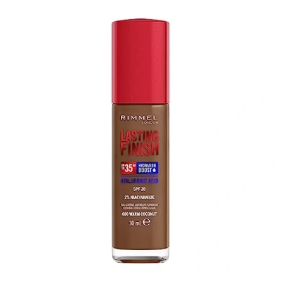 Image of Rimmel Lasting Finish 35Hr Foundation 600 Warm Coconut, Full Coverage, Hydrating, SPF20, Hyaluronic Acid, Vitamin E, 2% Niacinamide, All Day Wear, Vegan, Cruelty Free