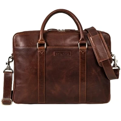 Image of STILORD &#039;Caleb&#039; Laptop Bag 16 Inch Leather Vintage Shoulder with Compartment Ladies Men Business Large Briefcase Leather, Colour:Sonora Cognac
