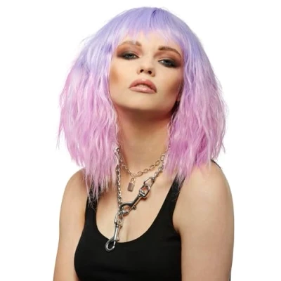Image of Smiffys Official Manic Panic® Fleurs du Mal™ Trash Goddess™ Wig, Midlength Wavy Heat Styleable with Adjustable Cap, in Purple &amp; Pink Ombre Colours Crimped Style. Unleash your inner goddess