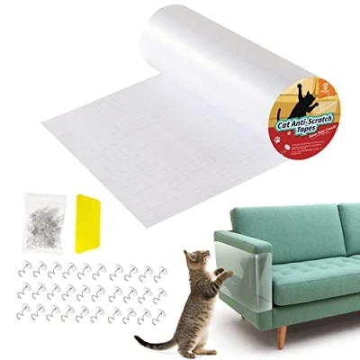 Image of VavoPaw Cat Scratch Furniture Protector, 30x300CM Sofa Tape with Scraper and 30 Pins, Plaid Backing Protectors for Cloth Couch, Doors, Not Applicable to Any Leather