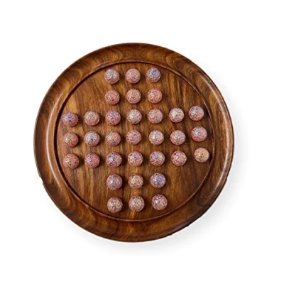 Image of 30cm Diameter wooden solitaire board game with SPARKLING PRINCESS GLASS MARBLES classic strategy