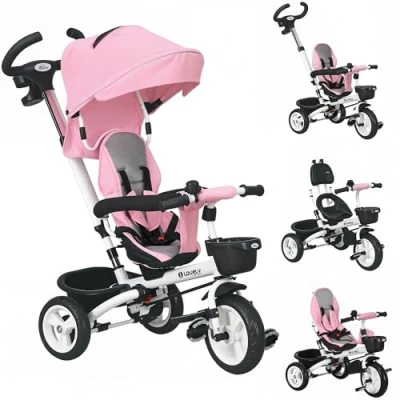 Image of HOMCOM 6 in 1 Trike for Toddler, Baby Push Tricycle Folding Bike with Parent Handle, Reversible Seat, Storage Basket, Canopy, 5 point Safety Harness, Kids Years, Pink