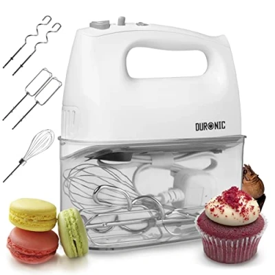 Image of Duronic Hand Mixer for Baking Electric Whisk Handheld HM4W Storage Stand Case White 5 Speed Turbo 400W 2 Beaters Dough Hooks 1