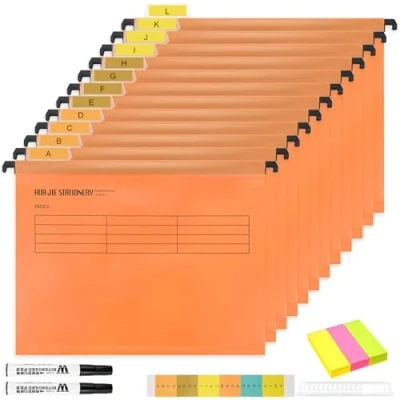 Image of A4 Suspension Files with Tabs and Card Inserts for Filing Cabinets (Pack of 12 Orange) Polypropylene Hanging Storage Folders &amp; Office Home School