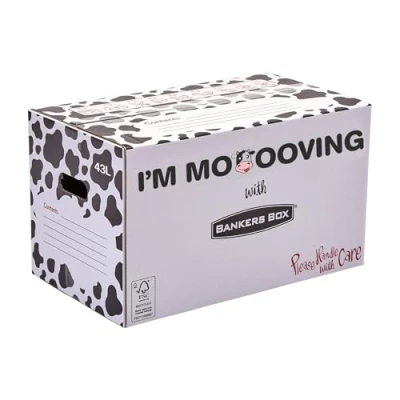 Image of 10 BANKERS BOX Strong Moving Boxes, 43l Cardboard Packing Boxes for House with Handles, 51cm x 29cm (Pack of 10). Cow Print