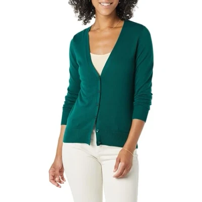 Image of Amazon Essentials Women&#039;s Lightweight V Neck Cardigan Jumper (Available in Plus Size), Dark Green, L