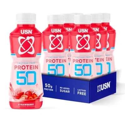 Image of USN Trust 50 Pre mixed &amp; Ready to Drink Protein Shake Bottles: 6 x 500 ml Strawberry High Recovery Drinks
