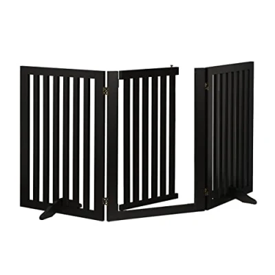 Image of Relaxdays Safety Gate with Door, Retractable, Feet, Children &amp; Pets, Free Standing Barrier, HxW: 70x154 cm, Black, 100% fibreboard