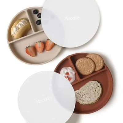 Image of Moonkie Suction Plates for Babies &amp; Toddlers BPA Free Weaning Plate with Lid Silicone Divided Microwave and Dishwasher Safe 2 Pack (Shifting Sand/Croissant)
