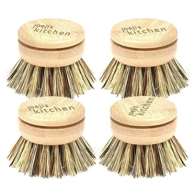 Image of Joejis Hard Bristle Dish Brush Replacement Heads Set of 4 Wooden Eco Washing Up with Sisal Fibre Bristles Brushes for Plates, Stove Tops, Bathtubs, &amp; More