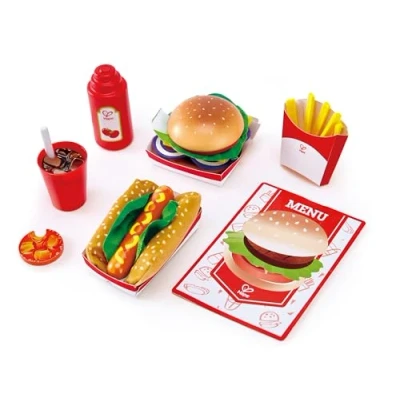 Image of Hape E3160, Hot Fast Food Wooden Diner Take Aways Toy Set, Classic American Meal For Pretend Play Includes Burger, Chips, Hotdogs and Soft Drink, colourful